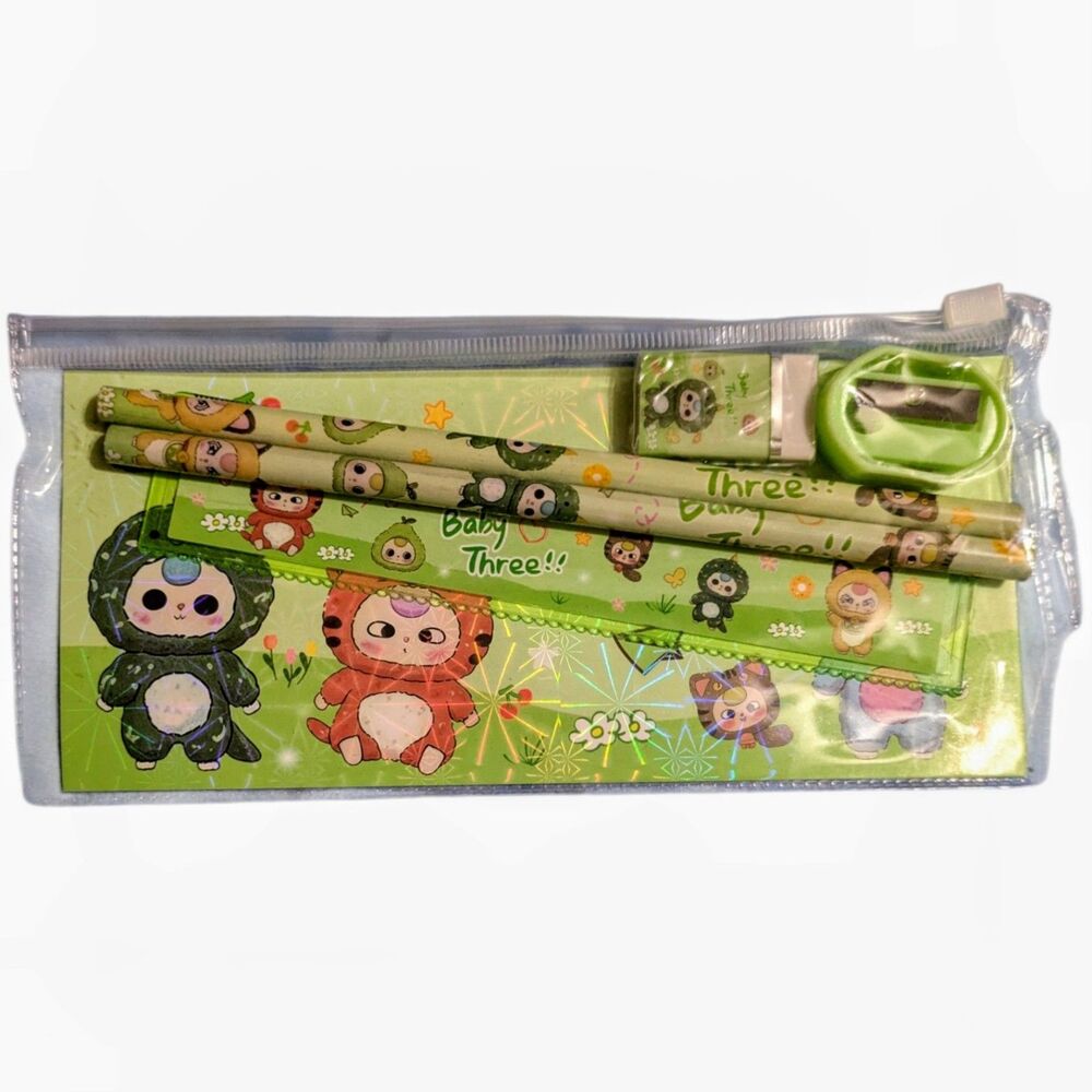 Kawaii Kids Stationery Set Pencil Ruler Eraser Sharpener Zipper Pouch Bundle - Picture 3 of 4